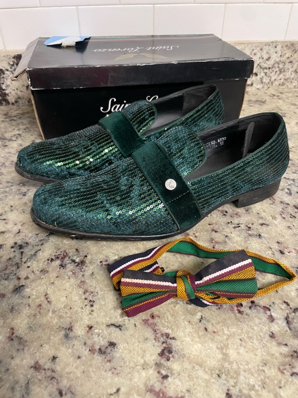 Green sequined loafers are identified as the Saint Lorenzo Slip on Shoe men 12